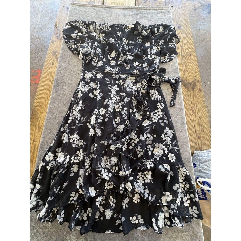 Calvin Klein 😁Floral Faux Wrap Ruffle Midi Dress Women's 14 Feminine Whimsical